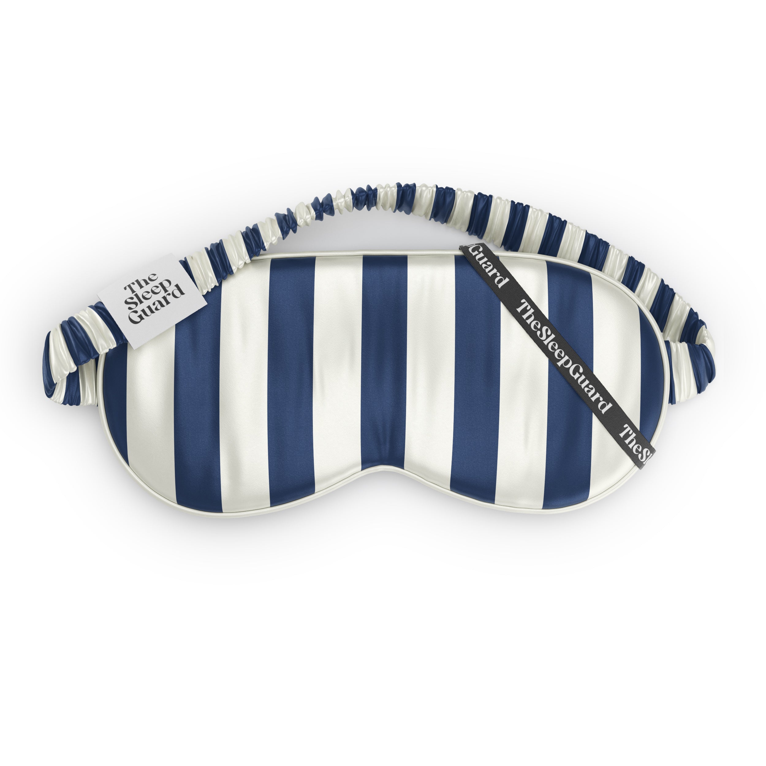 Blue and white striped sleep mask with 'The Sleep Guard' branding on a white background